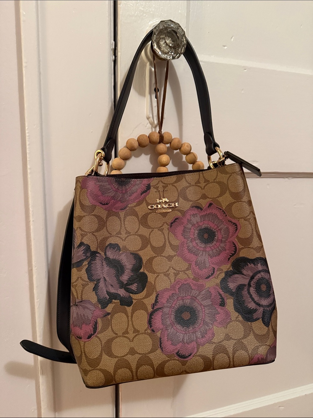 Coach Signature Floral Canvas Shoulder Bag in Brown and Pink